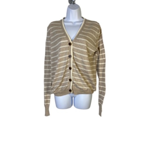 Gap Womens Cardigan Sweater Brown Beige Stripe Long Sleeve V Neck Tight Knit XL - Picture 1 of 7